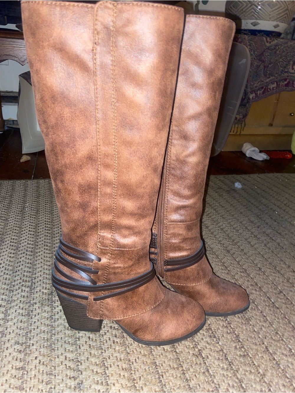 Fergalicious Tall Brown Faux Leather Heeled Riding Boots with Strap Accents